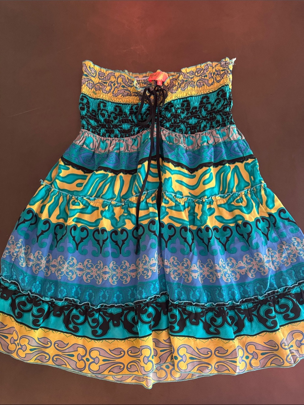 Hale Bob Multicolor Smocked Top with Teal Trim